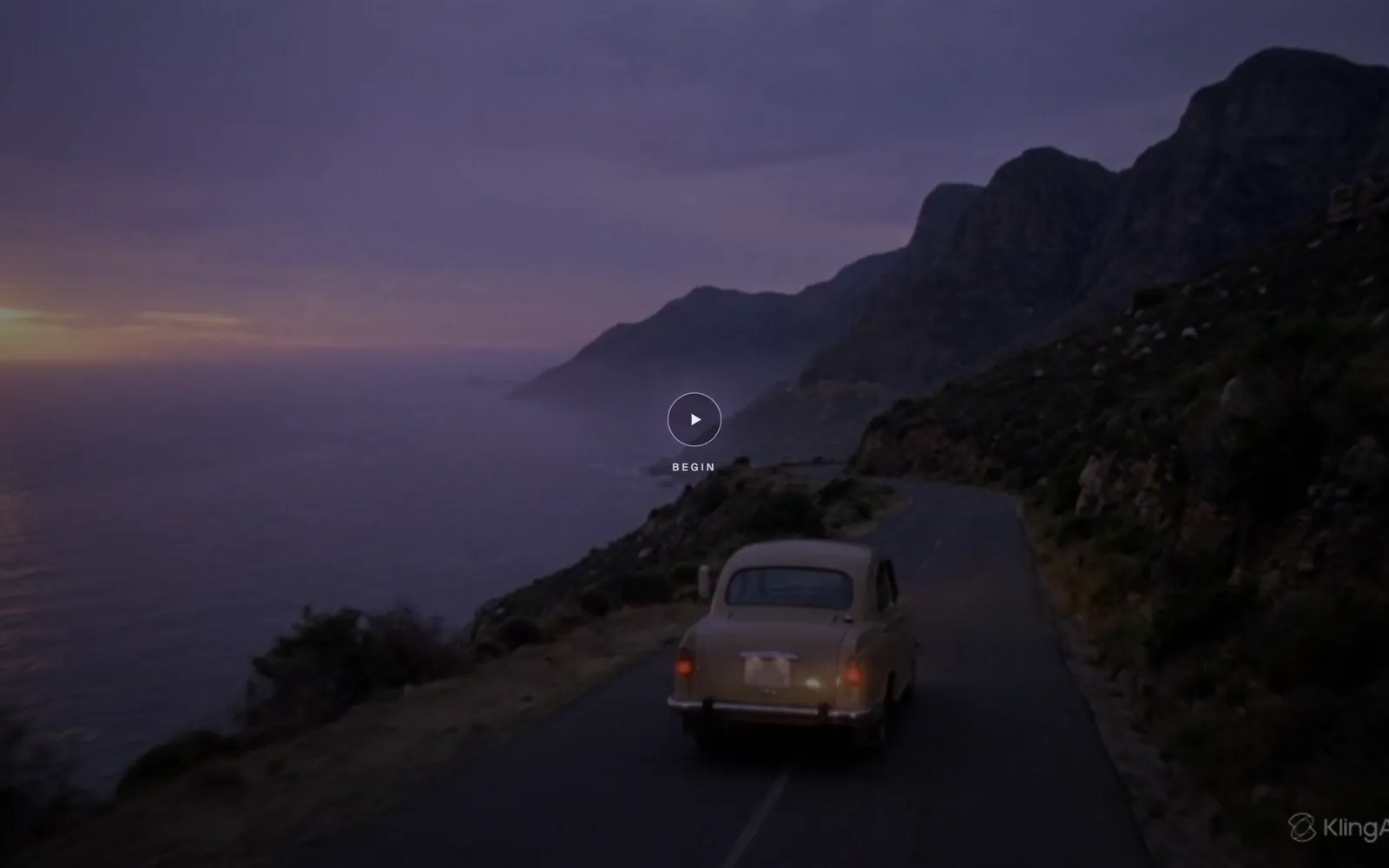 Custom opening scene: a vintage car on a coastal road at dusk with a "Begin" button