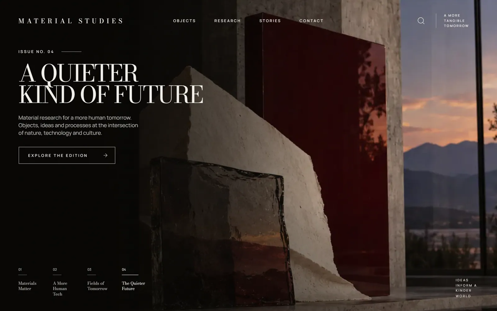 Material Studies home page: "A quieter kind of future" over a dusk-lit concrete facade