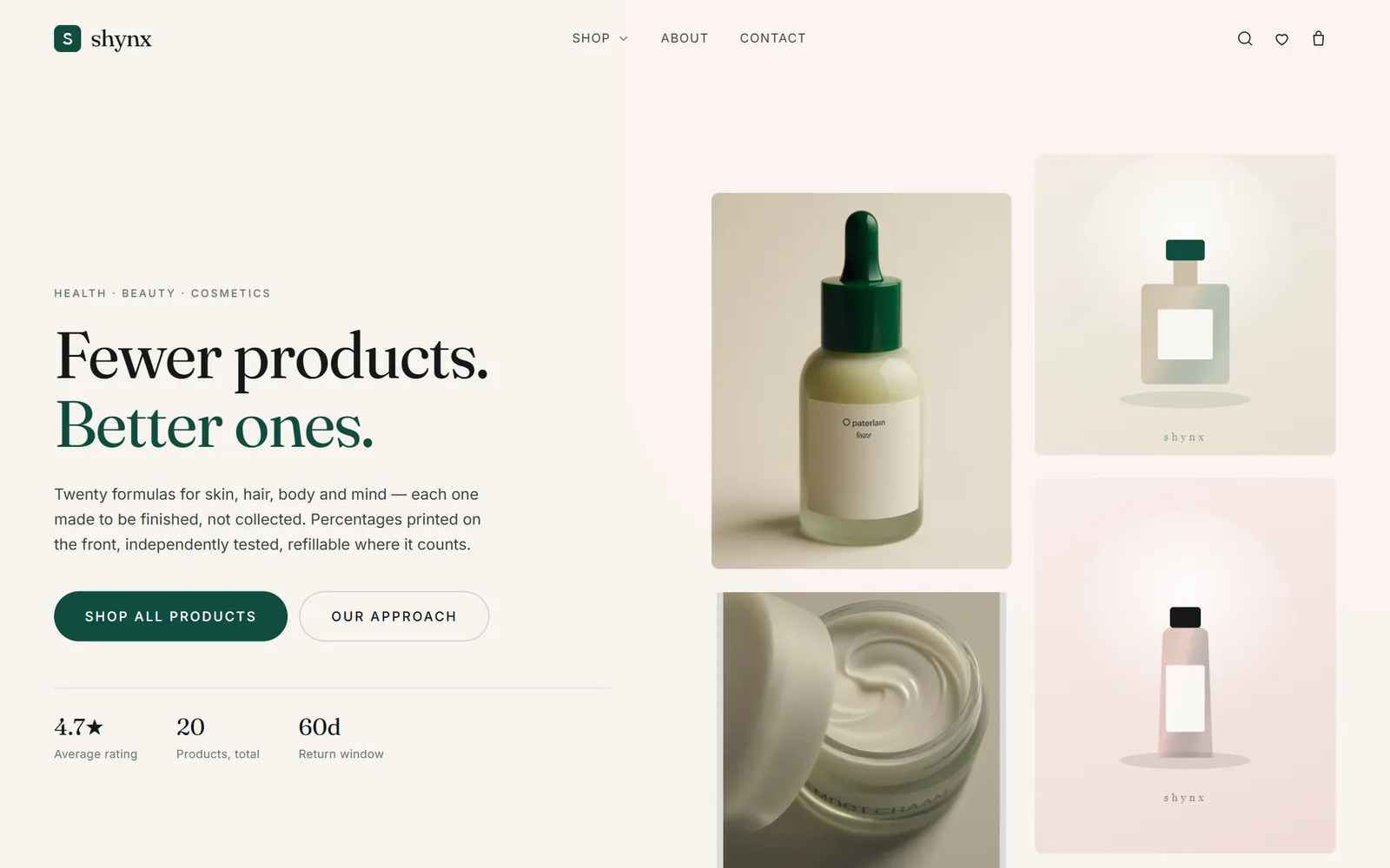 Shynx Store home page: "Fewer products. Better ones." beside a grid of skincare product photos